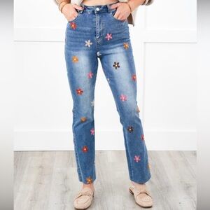 Bibi floral embroidered straight leg jeans small nwot
